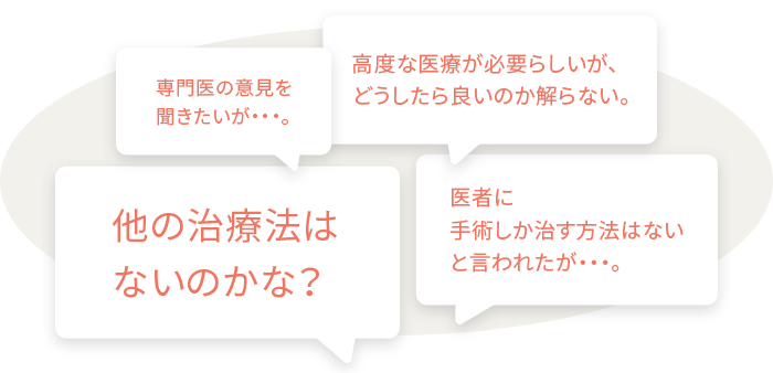 専門医の意見を聞きたいが…。高度な医療が必要らしいが、どうしたら良いのか解らない。他の治療法はないのかな？医者に手術しか直す方法はないと言われたが…。